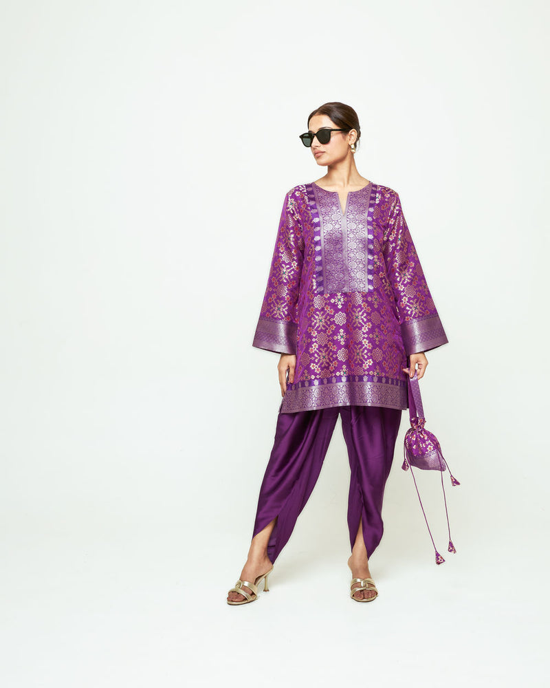 Meena-Brocade Short Kurta With Dhoti-Purple silk and modal satin kurta/kurta set by SOBARIKO in purple for women Worldwide