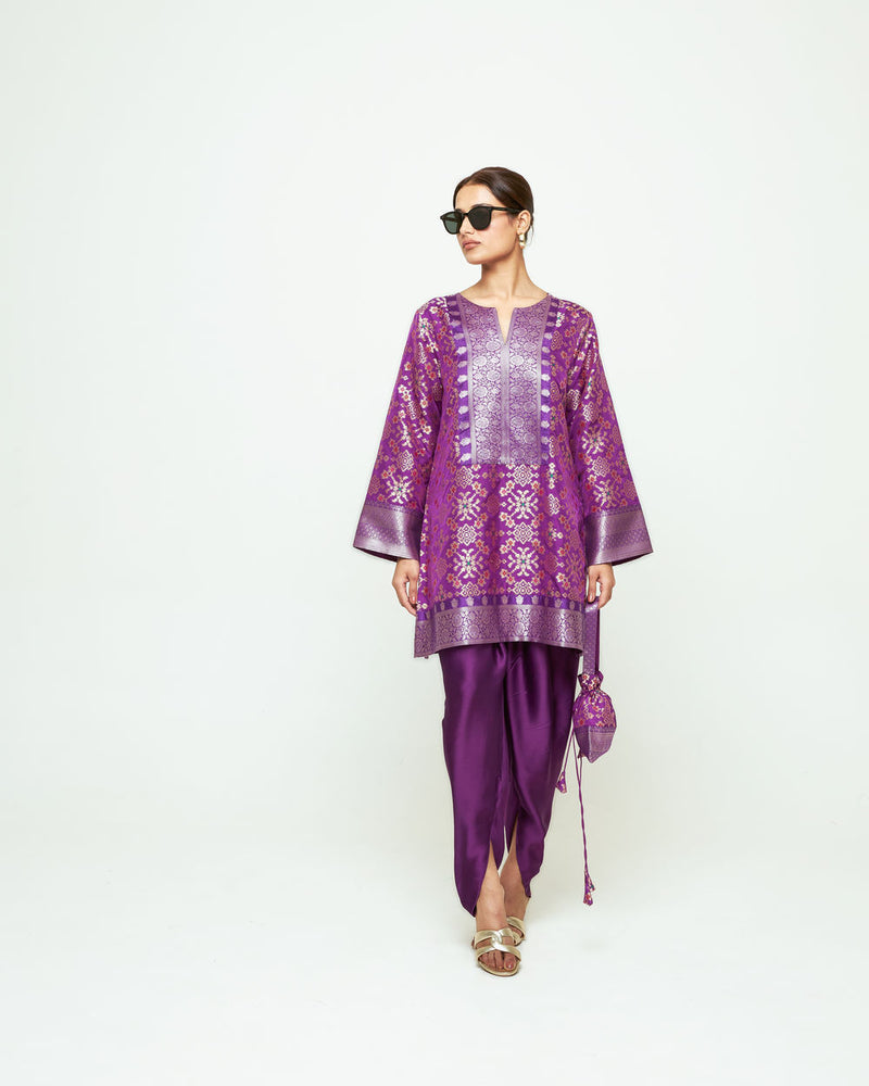 Meena-Brocade Short Kurta With Dhoti-Purple silk and modal satin kurta/kurta set by SOBARIKO in purple for women Worldwide
