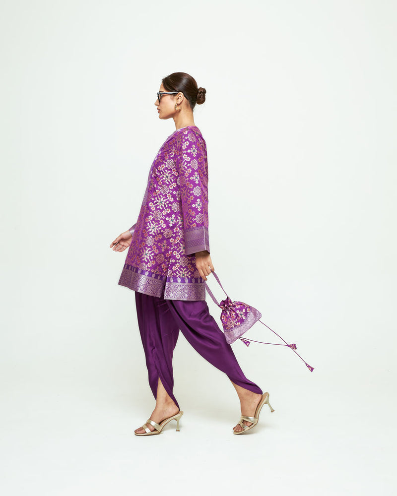 Meena-Brocade Short Kurta With Dhoti-Purple silk and modal satin kurta/kurta set by SOBARIKO in purple for women Worldwide