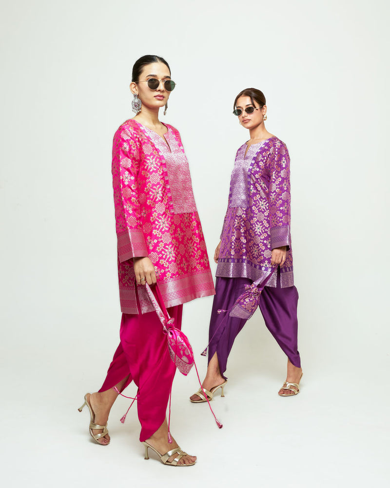Meena-Brocade Short Kurta With Dhoti-Purple silk and modal satin kurta/kurta set by SOBARIKO in purple for women Worldwide