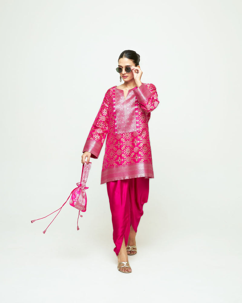 Meena-Brocade Short Kurta With Dhoti-Pink silk and modal satin kurta/kurta set by SOBARIKO in pink for women Worldwide