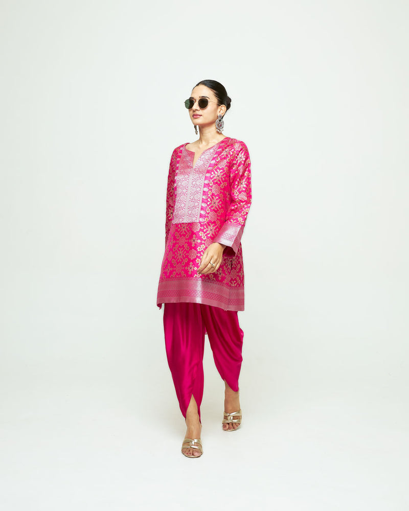 Meena-Brocade Short Kurta With Dhoti-Pink silk and modal satin kurta/kurta set by SOBARIKO in pink for women Worldwide
