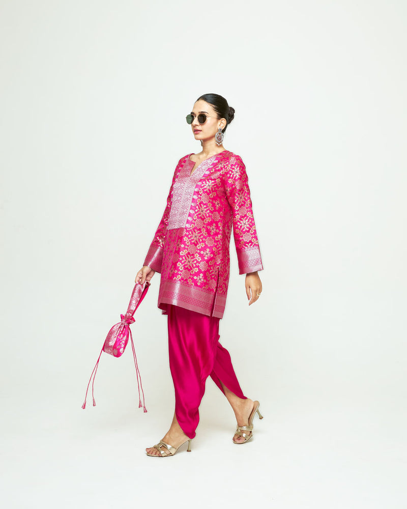 Meena-Brocade Short Kurta With Dhoti-Pink silk and modal satin kurta/kurta set by SOBARIKO in pink for women Worldwide