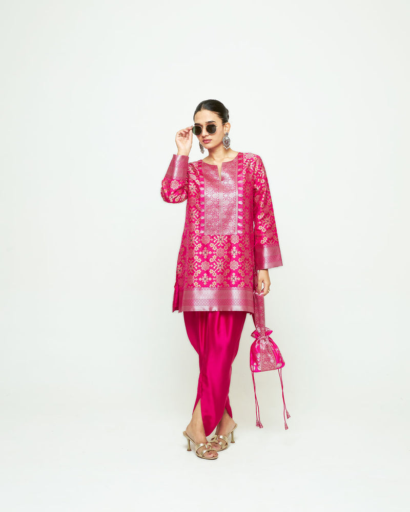 Meena-Brocade Short Kurta With Dhoti-Pink silk and modal satin kurta/kurta set by SOBARIKO in pink for women Worldwide