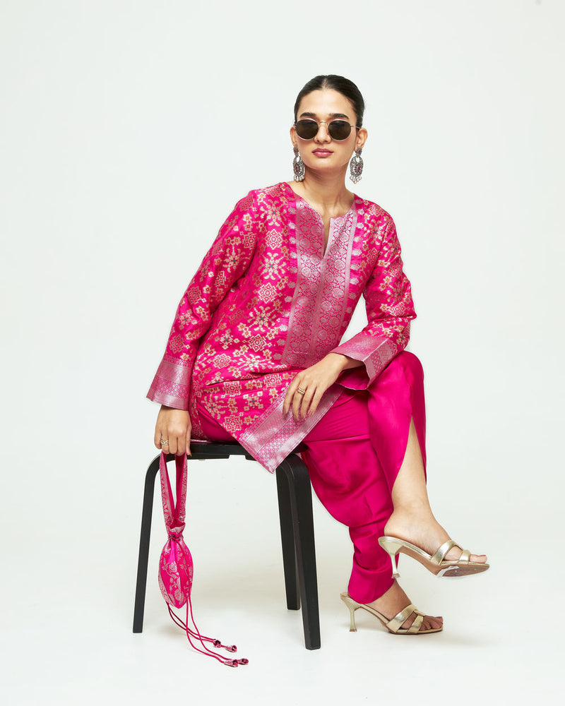 Meena-Brocade Short Kurta With Dhoti-Pink silk and modal satin kurta/kurta set by SOBARIKO in pink for women Worldwide