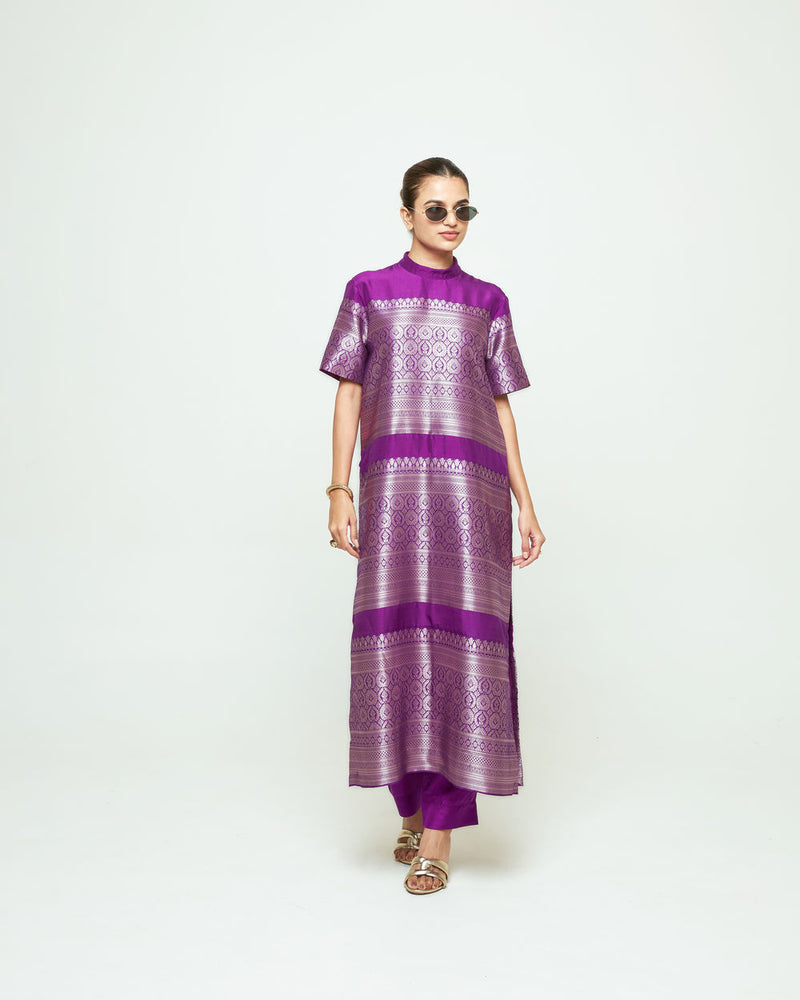 Raysa-Statement Brocade Kurta Set-Purple silk kurta/kurta set by SOBARIKO in purple for women Worldwide