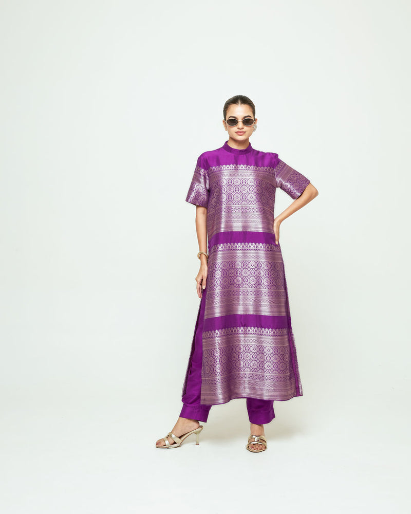 Raysa-Statement Brocade Kurta Set-Purple silk kurta/kurta set by SOBARIKO in purple for women Worldwide
