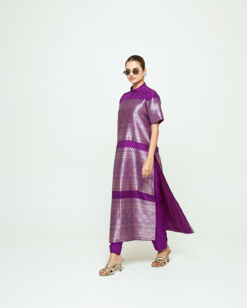 Raysa-Statement Brocade Kurta Set-Purple silk kurta/kurta set by SOBARIKO in purple for women Worldwide