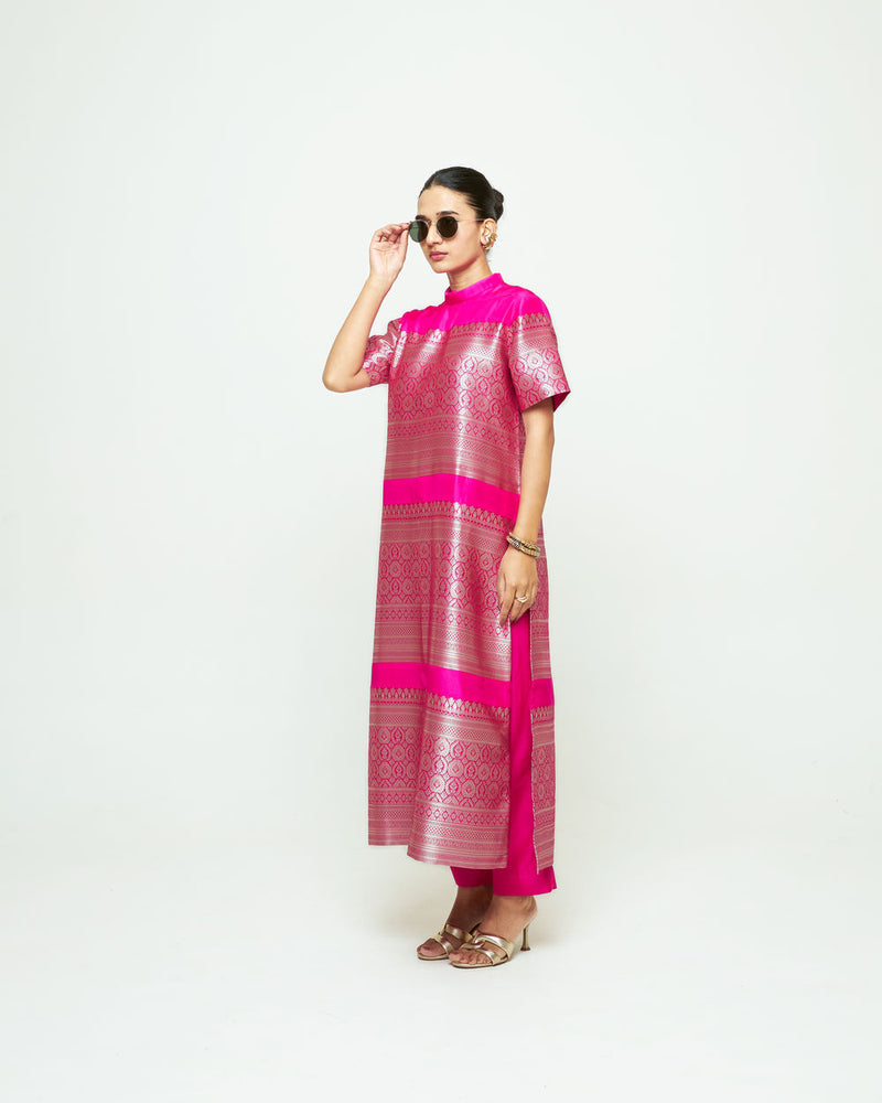 Raysa-Statement Brocade Kurta Set-Pink silk kurta/kurta set by SOBARIKO in pink for women Worldwide