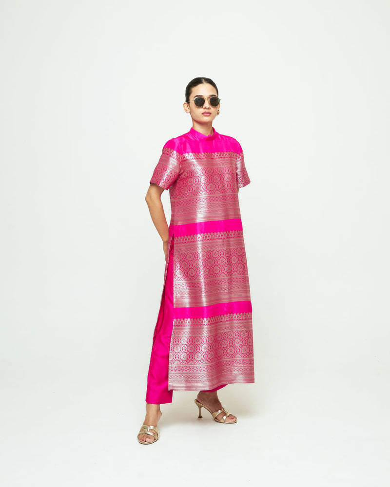 Raysa-Statement Brocade Kurta Set-Pink silk kurta/kurta set by SOBARIKO in pink for women Worldwide