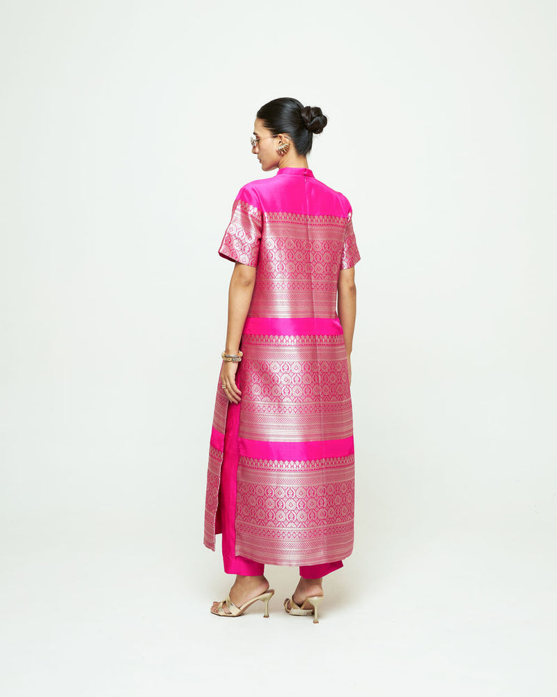Raysa-Statement Brocade Kurta Set-Pink silk kurta/kurta set by SOBARIKO in pink for women Worldwide