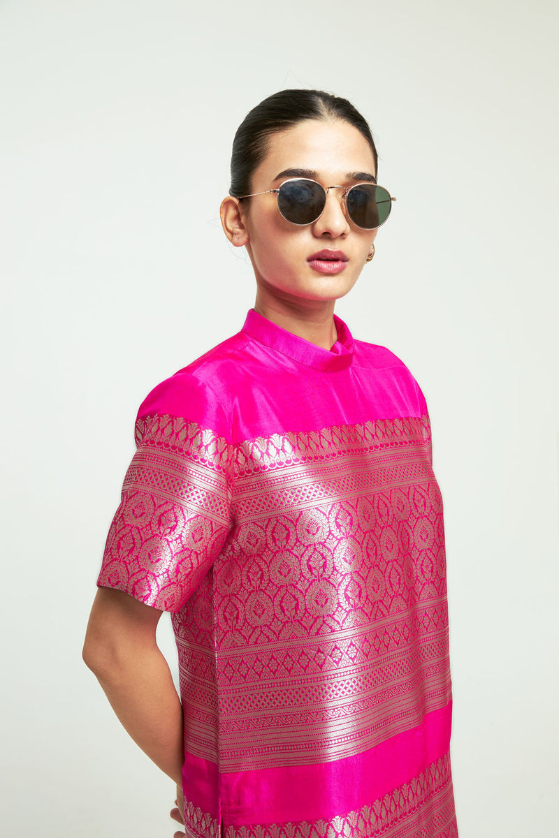 Raysa-Statement Brocade Top Skirt Set-Pink silk indo-western by SOBARIKO in pink, ivory for women Worldwide