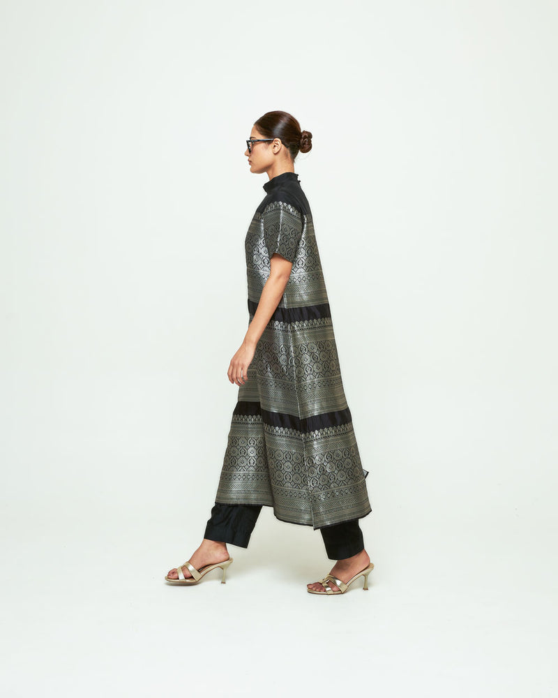 Raysa-Statement Brocade Kurta Set-Black silk kurta/kurta set by SOBARIKO in black for women Worldwide
