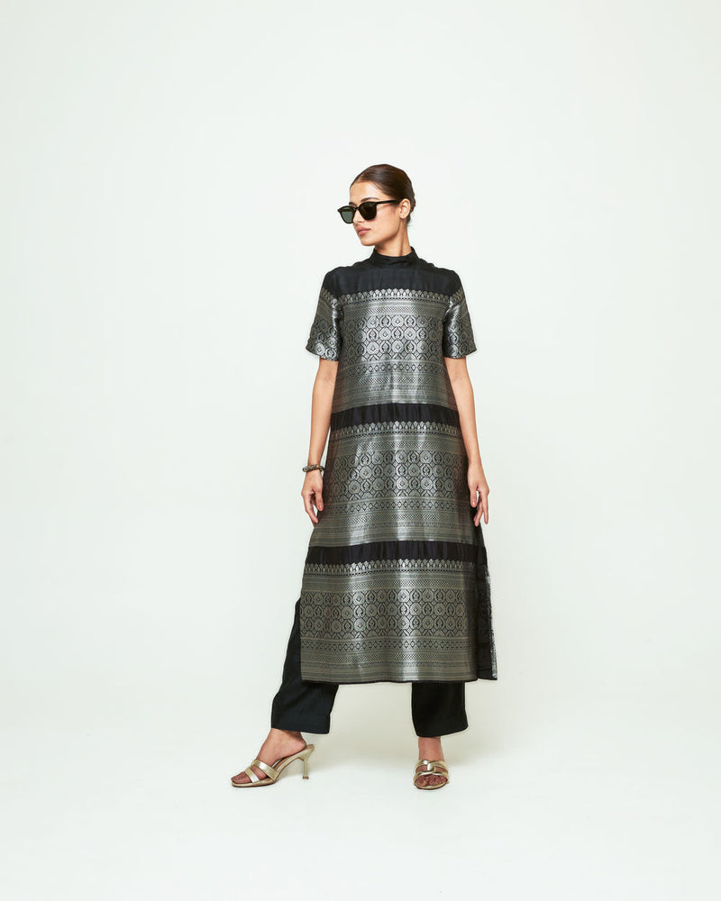 Raysa-Statement Brocade Kurta Set-Black silk kurta/kurta set by SOBARIKO in black for women Worldwide