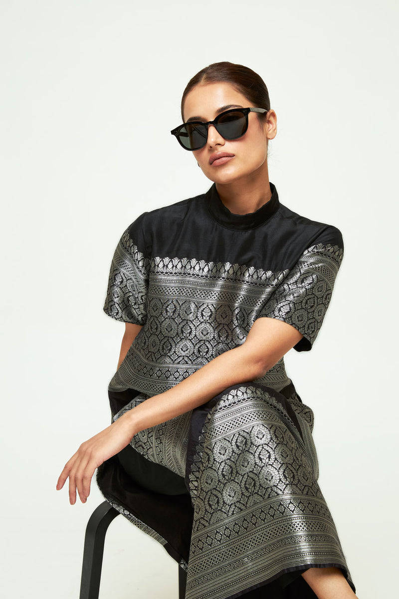 Raysa-Statement Brocade Kurta Set-Black silk kurta/kurta set by SOBARIKO in black for women Worldwide