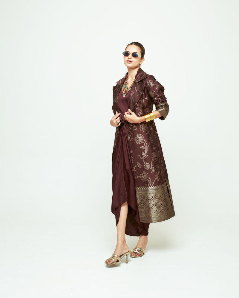 Rosa Statement Trench Set-Brown silk and modal satin indo-western by SOBARIKO in brown for women Worldwide