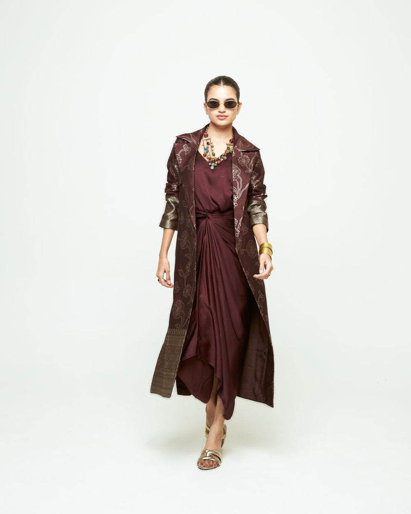 Rosa Statement Trench Set-Brown silk and modal satin indo-western by SOBARIKO in brown for women Worldwide