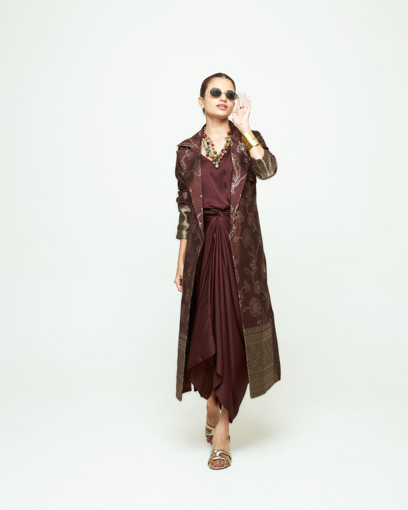 Rosa Statement Trench Set-Brown silk and modal satin indo-western by SOBARIKO in brown for women Worldwide