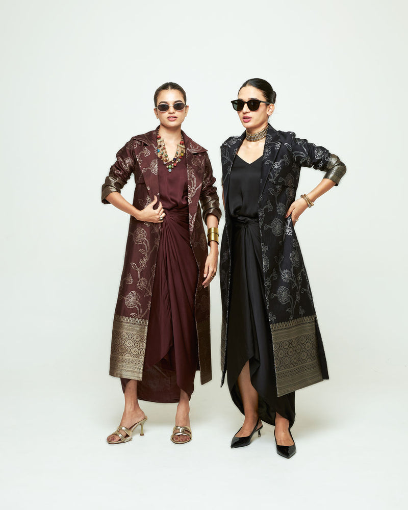 Rosa Statement Trench Set-Black silk and modal satin indo-western by SOBARIKO in black for women Worldwide