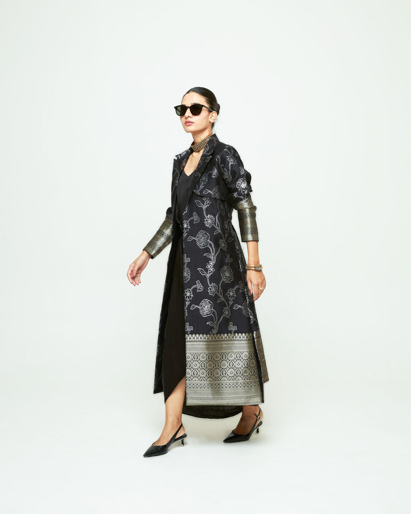 Rosa Statement Trench Set-Black silk and modal satin indo-western by SOBARIKO in black for women Worldwide