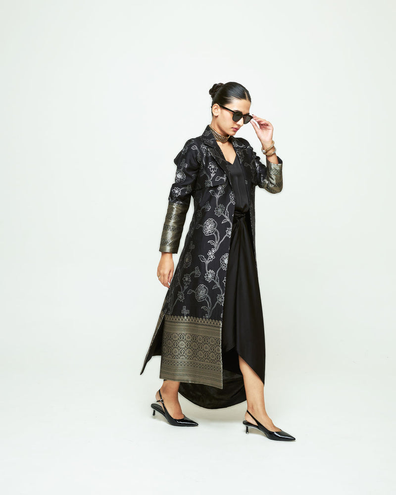 Rosa Statement Trench Set-Black silk and modal satin indo-western by SOBARIKO in black for women Worldwide