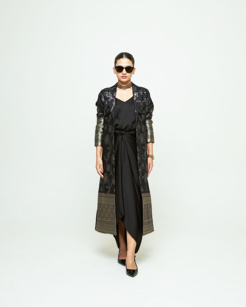 Rosa Statement Trench Set-Black silk and modal satin indo-western by SOBARIKO in black for women Worldwide