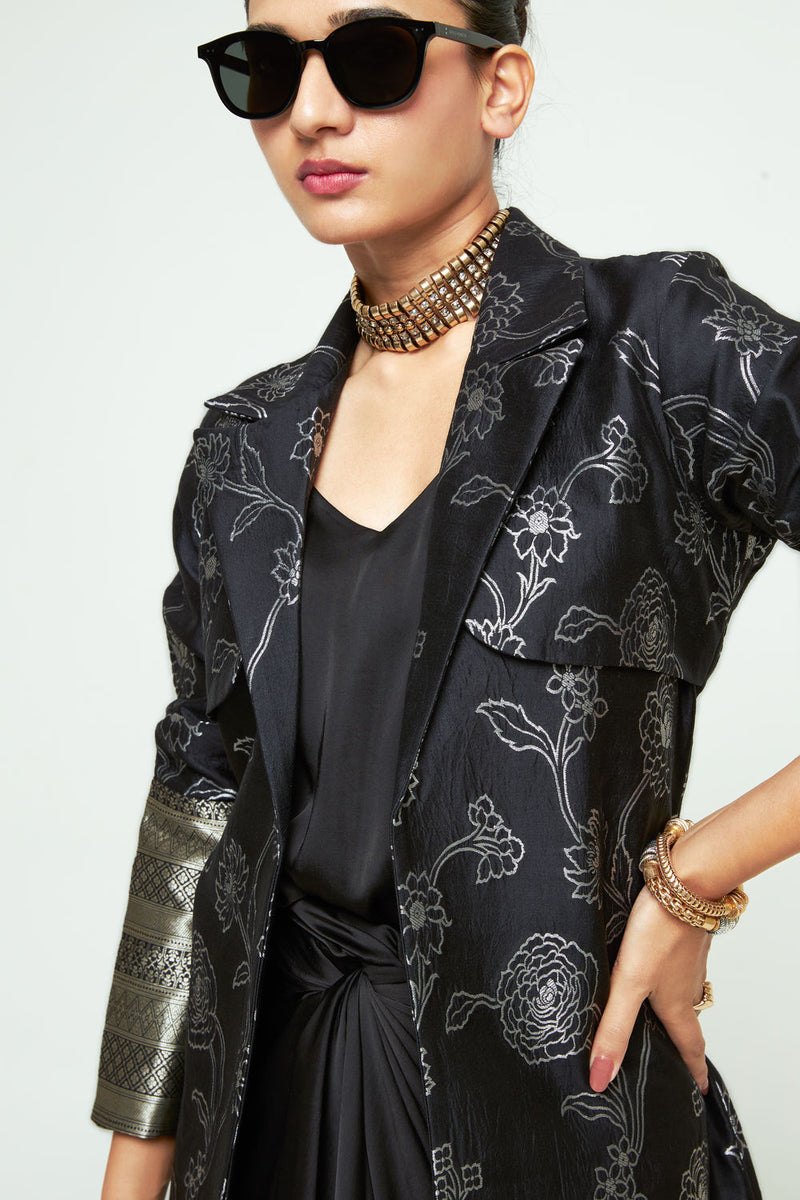 Rosa Statement Trench Set-Black silk and modal satin indo-western by SOBARIKO in black for women Worldwide