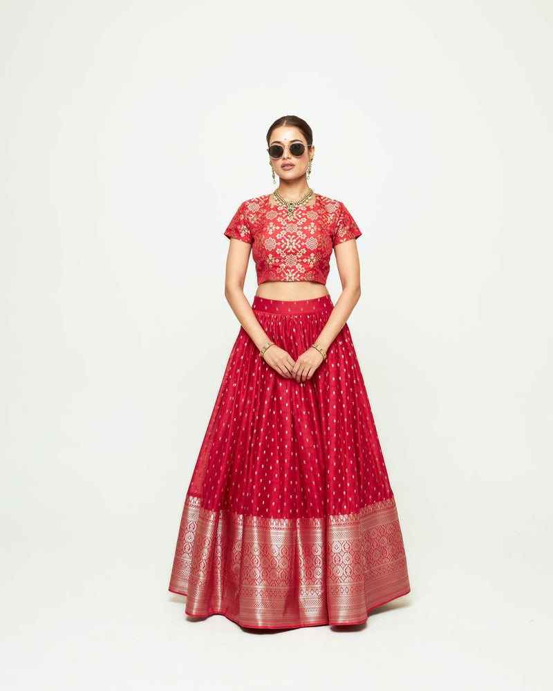 Mana Lehenga Set-Red silk, chanderi silk lehenga sets by SOBARIKO for women Worldwide