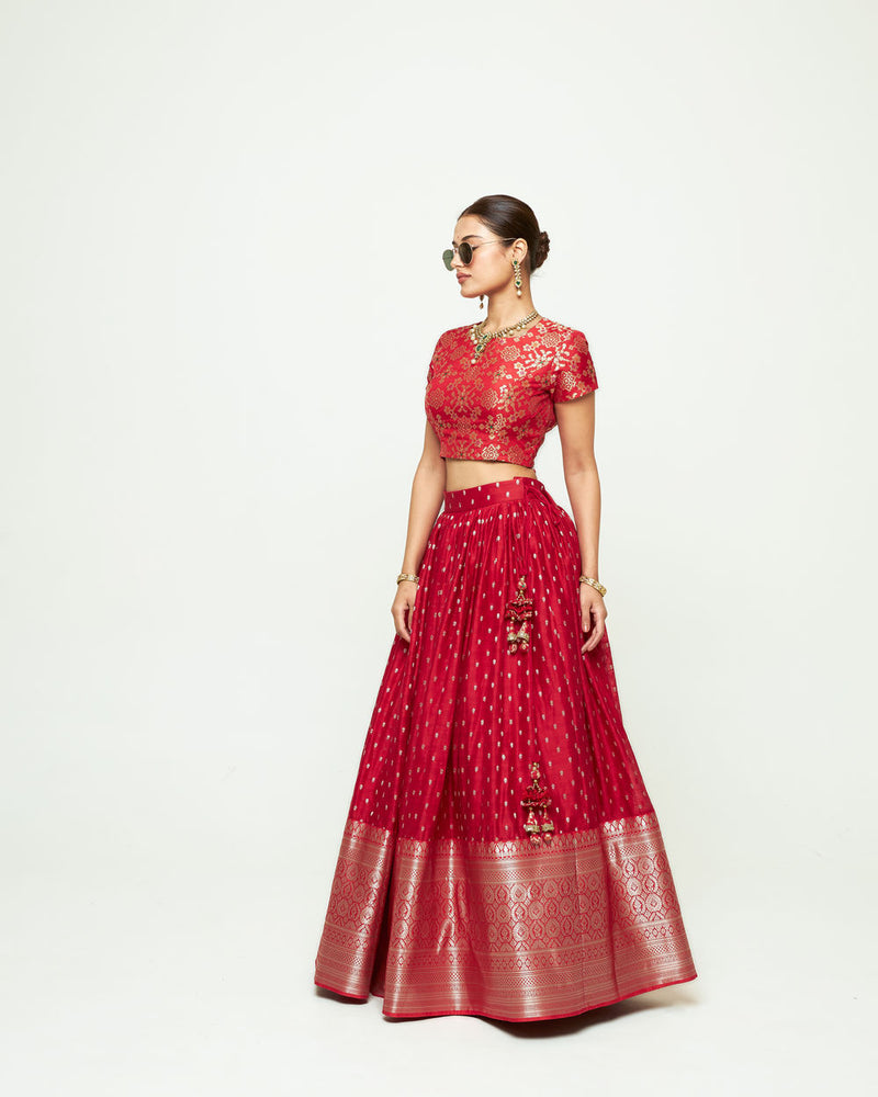 Mana Lehenga Set-Red silk, chanderi silk lehenga sets by SOBARIKO for women Worldwide