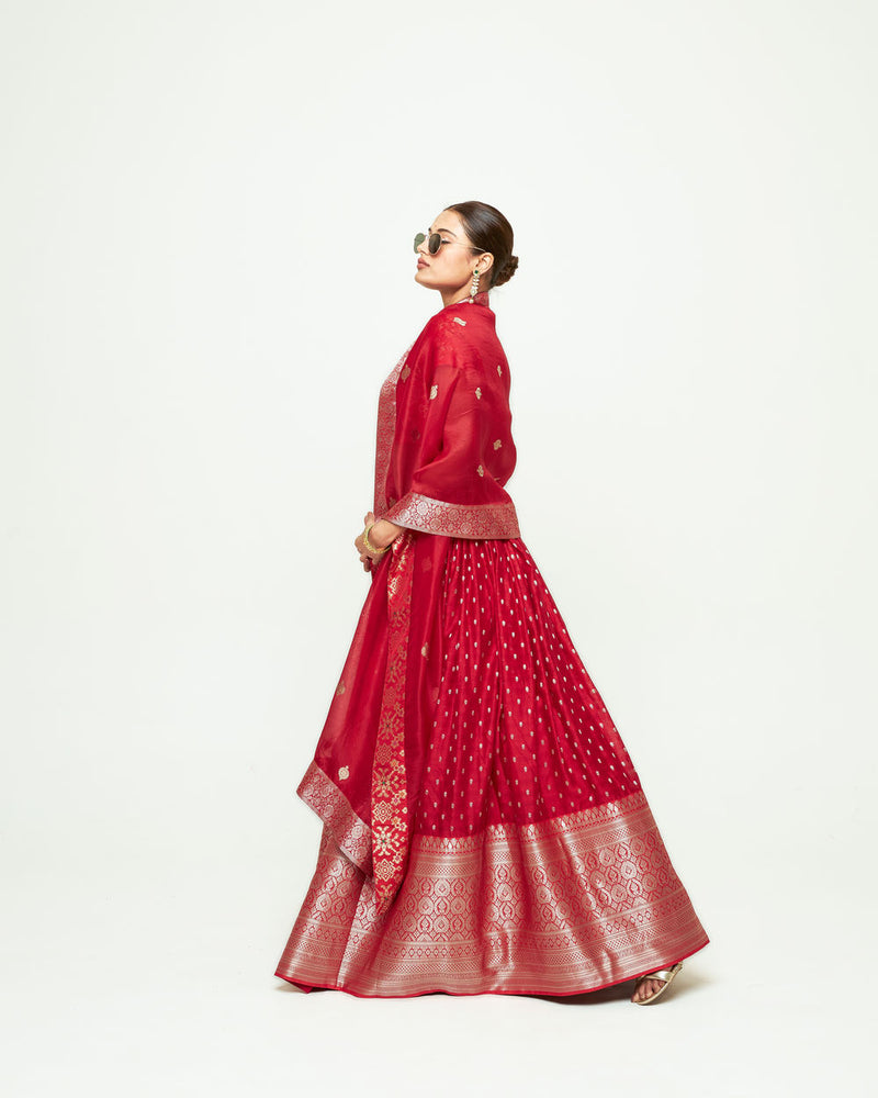 Mana Lehenga Set-Red silk, chanderi silk lehenga sets by SOBARIKO for women Worldwide