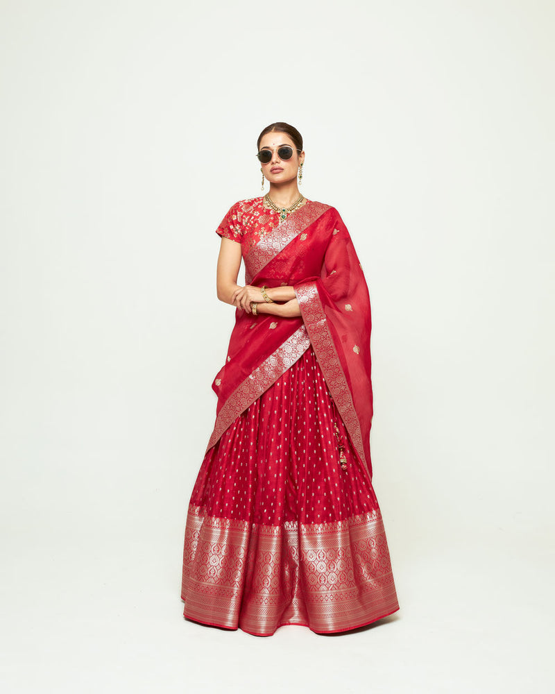 Mana Lehenga Set-Red silk, chanderi silk lehenga sets by SOBARIKO for women Worldwide