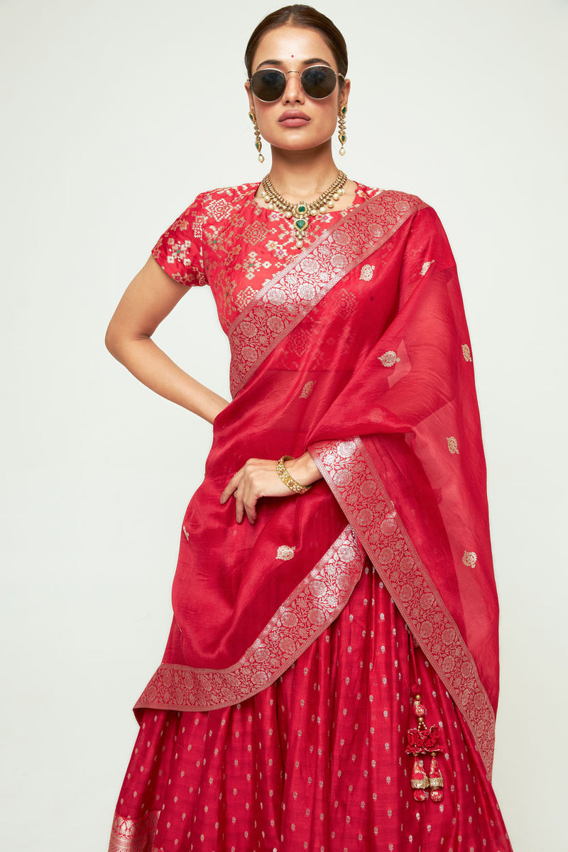 Mana Lehenga Set-Red silk, chanderi silk lehenga sets by SOBARIKO for women Worldwide