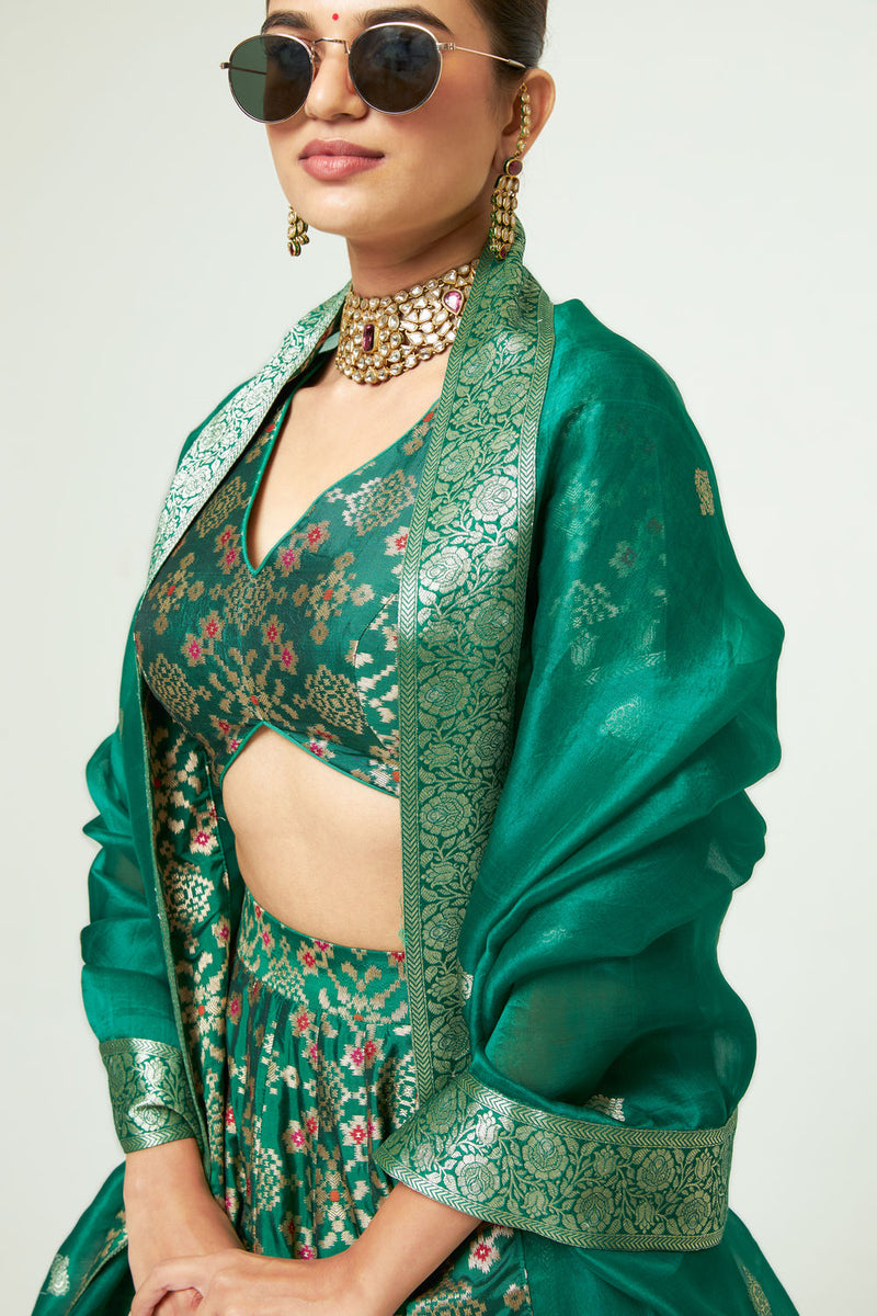 Meenaxi Lehenga Set-Green silk, organza lehenga sets by SOBARIKO for women Worldwide