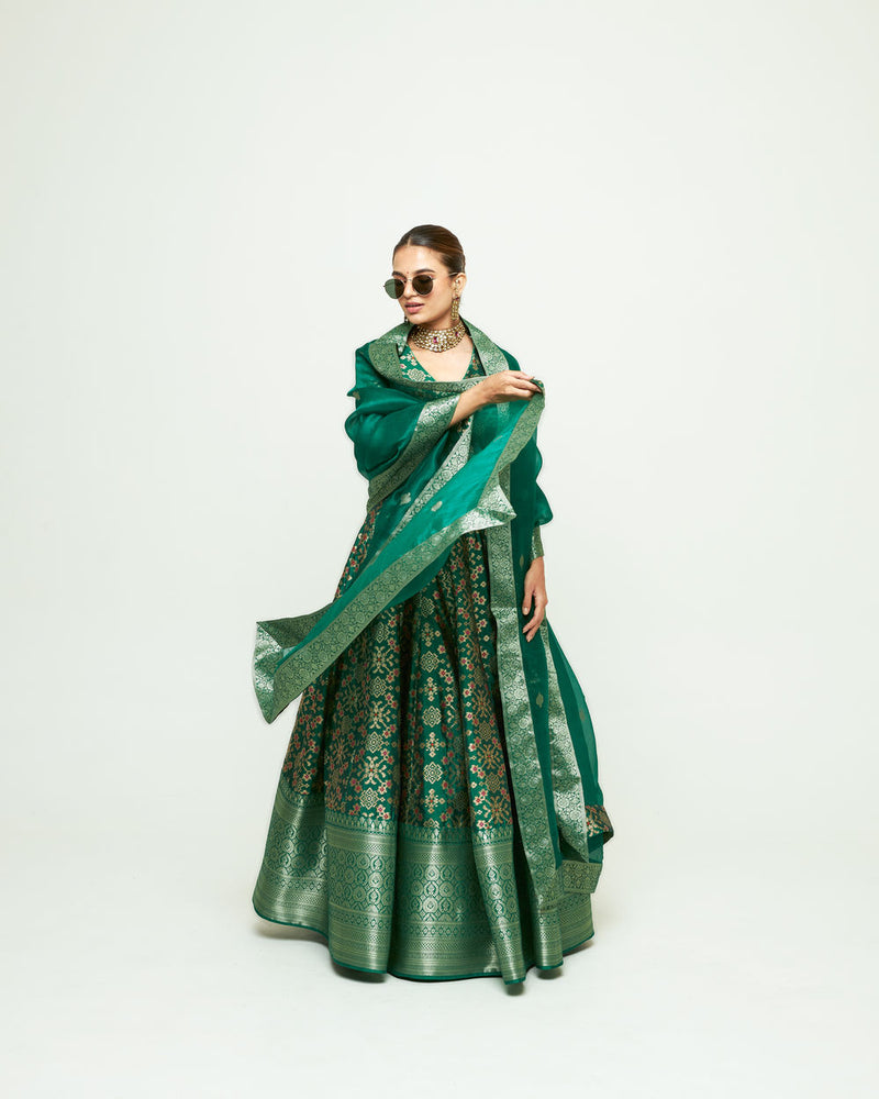 Meenaxi Lehenga Set-Green silk, organza lehenga sets by SOBARIKO for women Worldwide