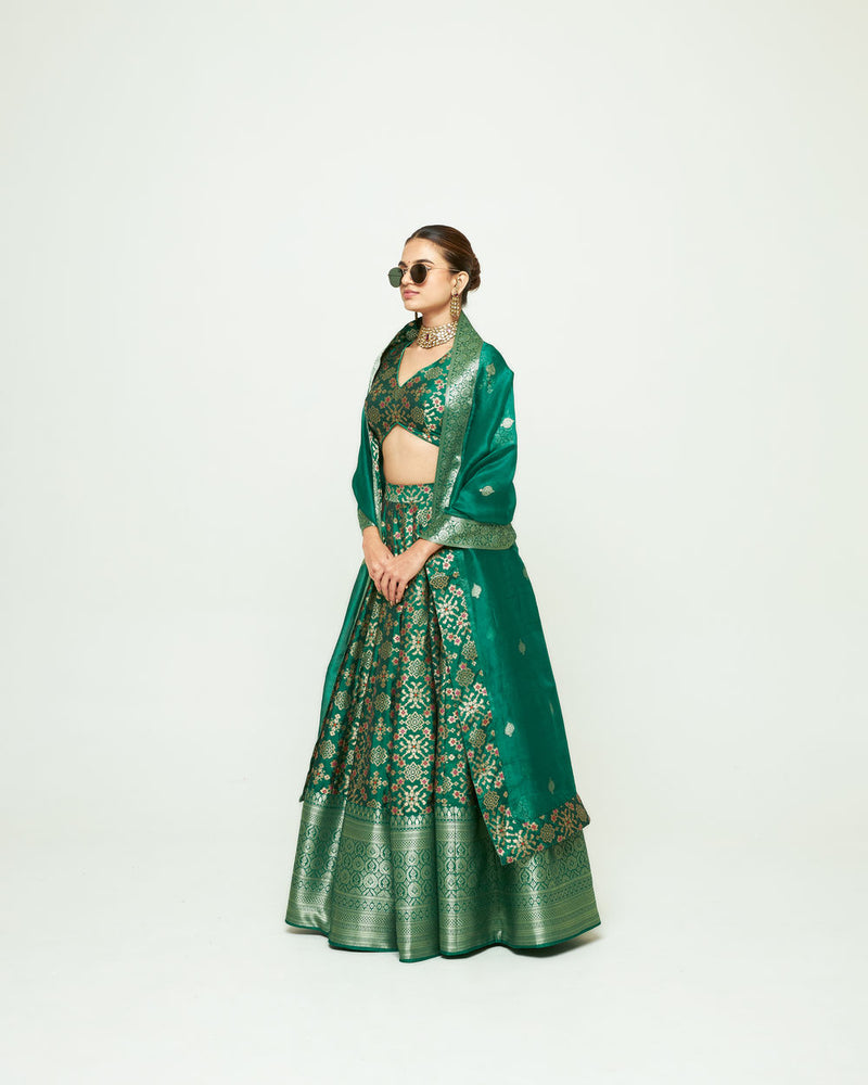 Meenaxi Lehenga Set-Green silk, organza lehenga sets by SOBARIKO for women Worldwide