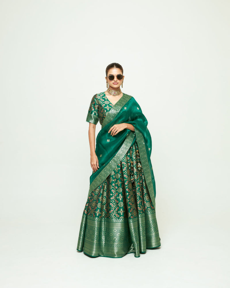 Meenaxi Lehenga Set-Green silk, organza lehenga sets by SOBARIKO for women Worldwide