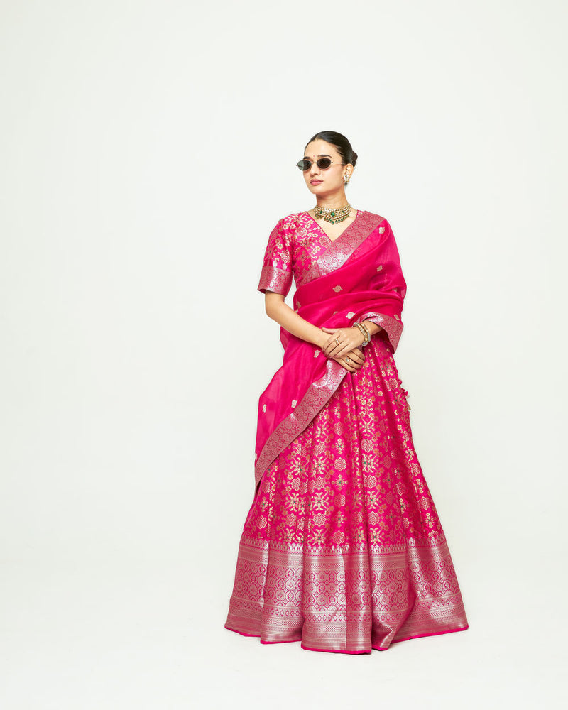 Meenaxi Lehenga Set-Pink silk, organza lehenga sets by SOBARIKO for women Worldwide