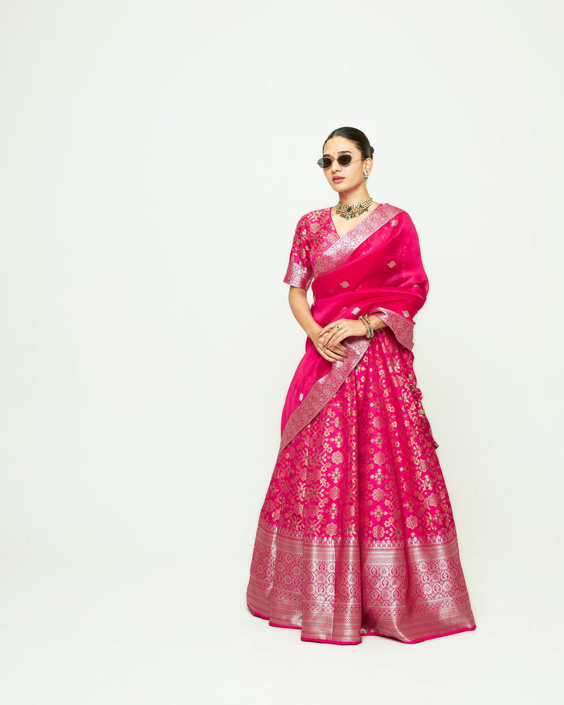 Meenaxi Lehenga Set-Pink silk, organza lehenga sets by SOBARIKO for women Worldwide