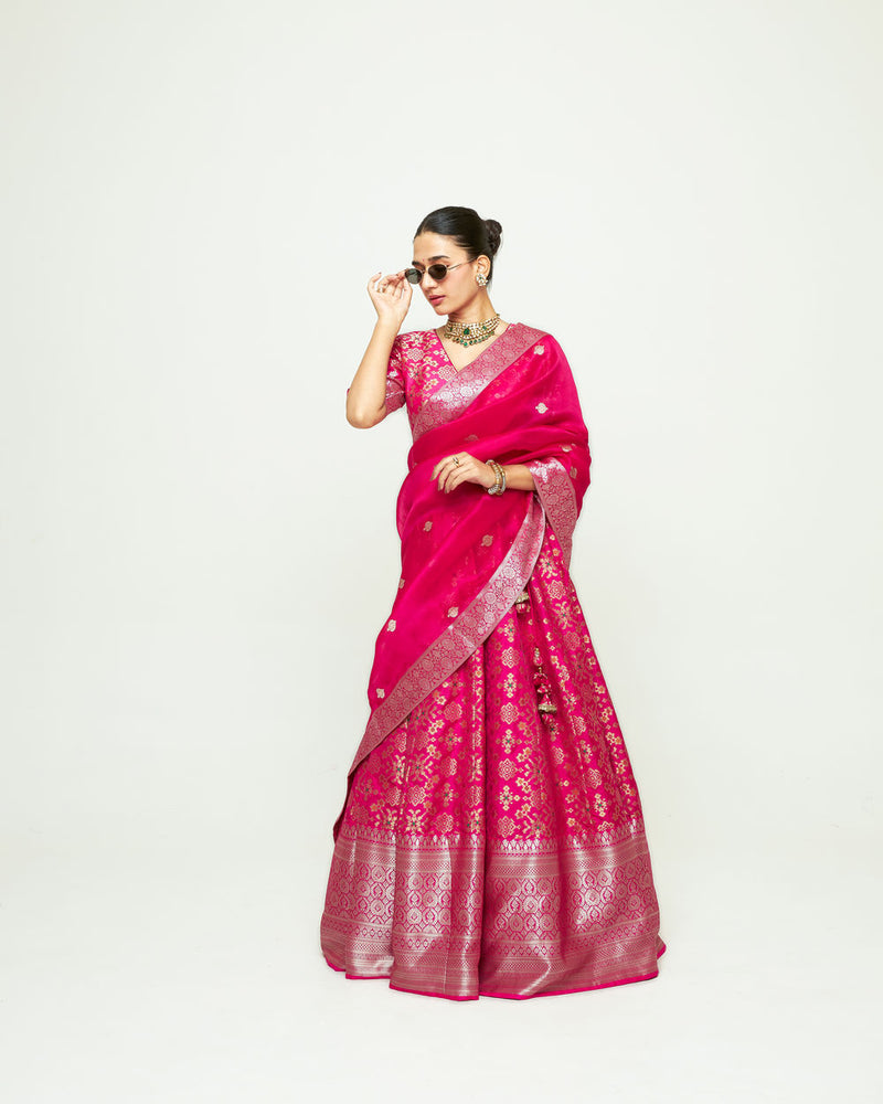 Meenaxi Lehenga Set-Pink silk, organza lehenga sets by SOBARIKO for women Worldwide