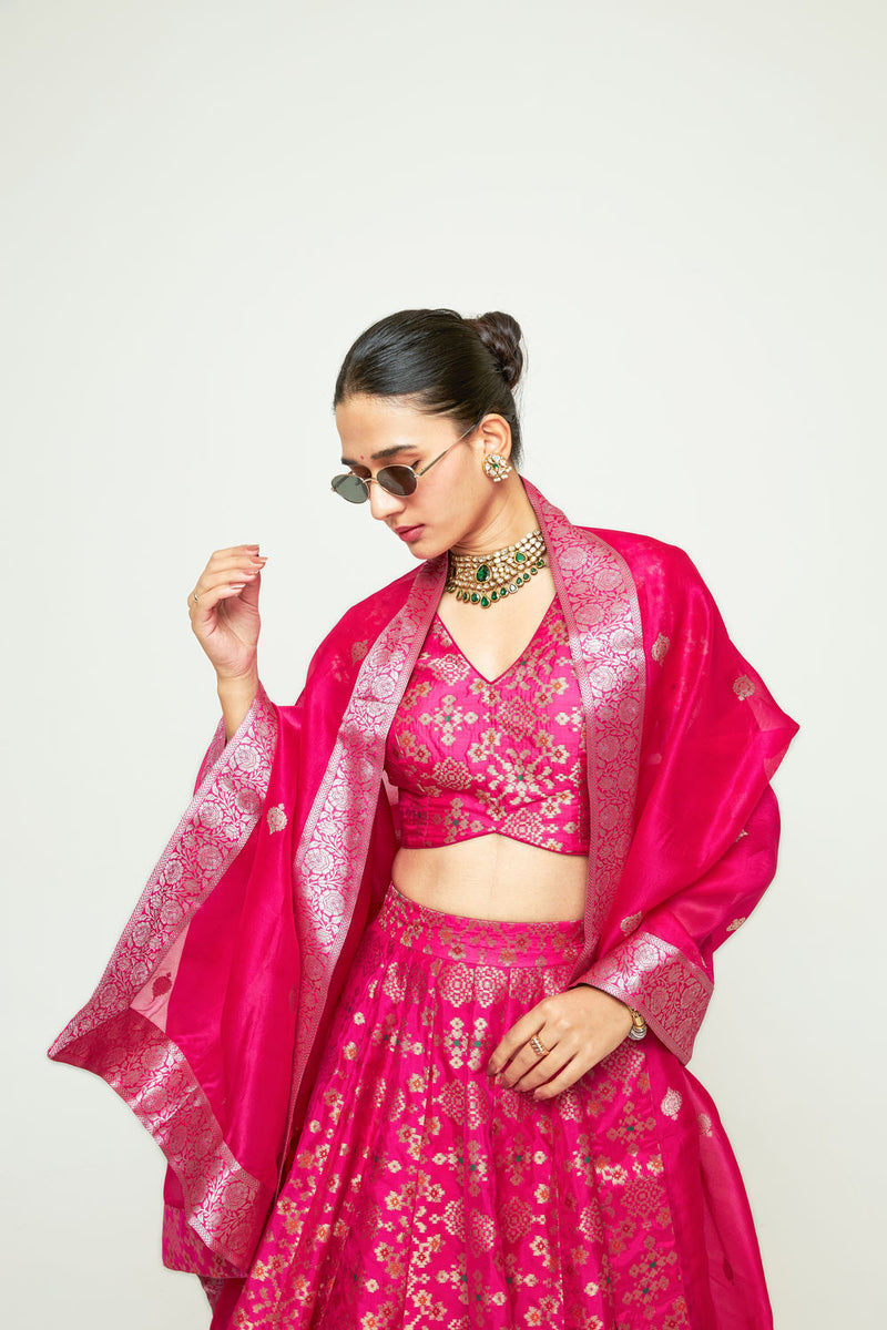 Meenaxi Lehenga Set-Pink silk, organza lehenga sets by SOBARIKO for women Worldwide