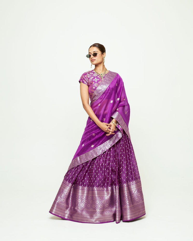 Mana Lehenga Set-Purple silk, chanderi silk lehenga sets by SOBARIKO for women Worldwide
