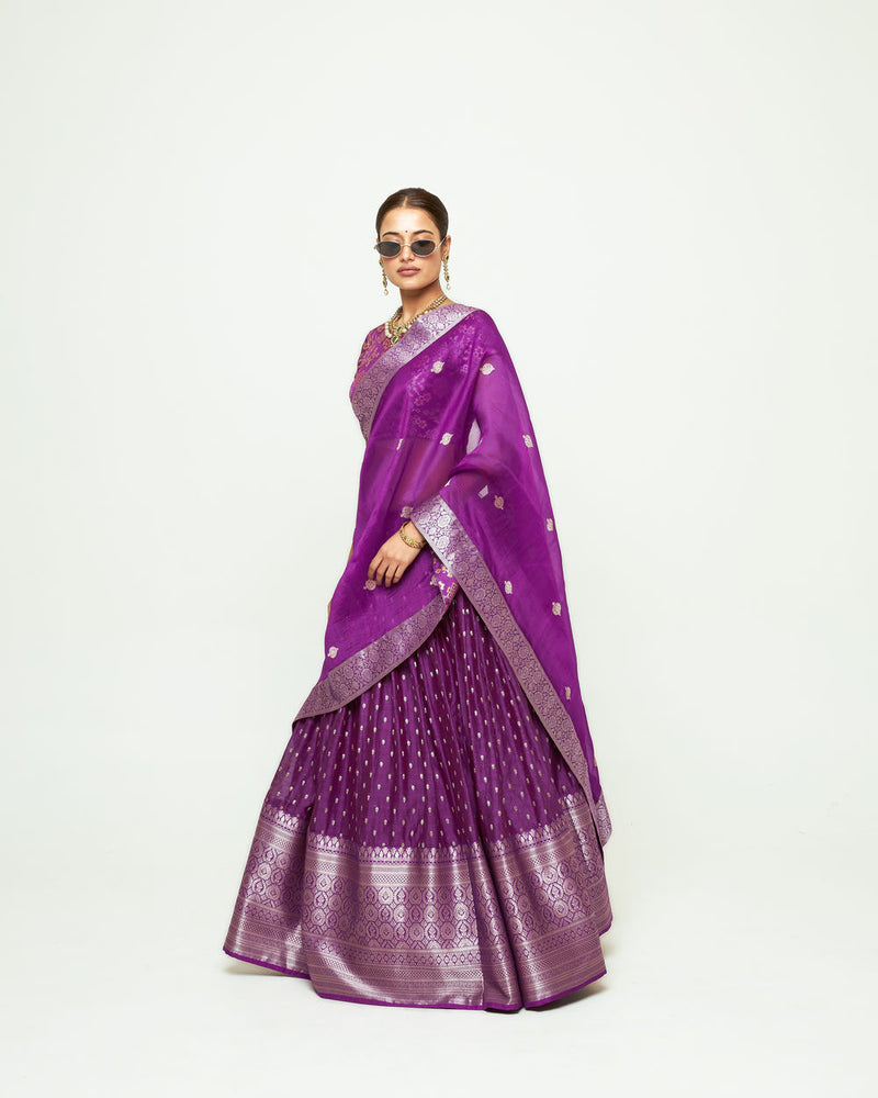 Mana Lehenga Set-Purple silk, chanderi silk lehenga sets by SOBARIKO for women Worldwide