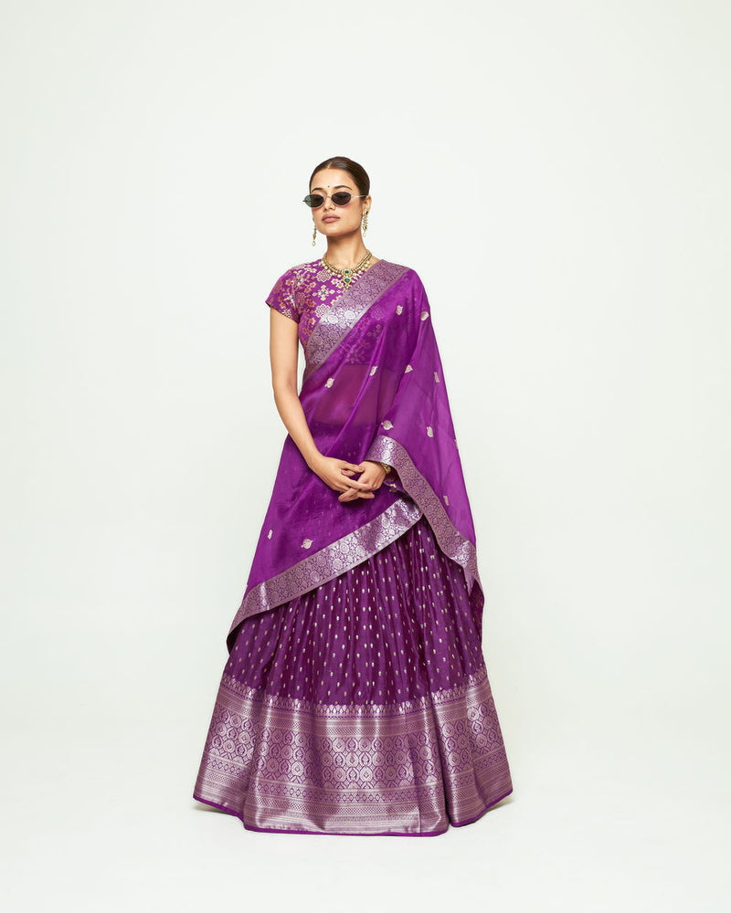 Mana Lehenga Set-Purple silk, chanderi silk lehenga sets by SOBARIKO for women Worldwide