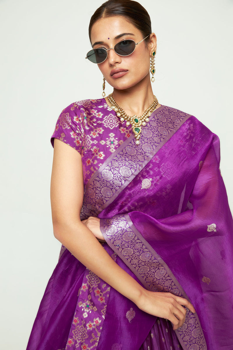Mana Lehenga Set-Purple silk, chanderi silk lehenga sets by SOBARIKO for women Worldwide