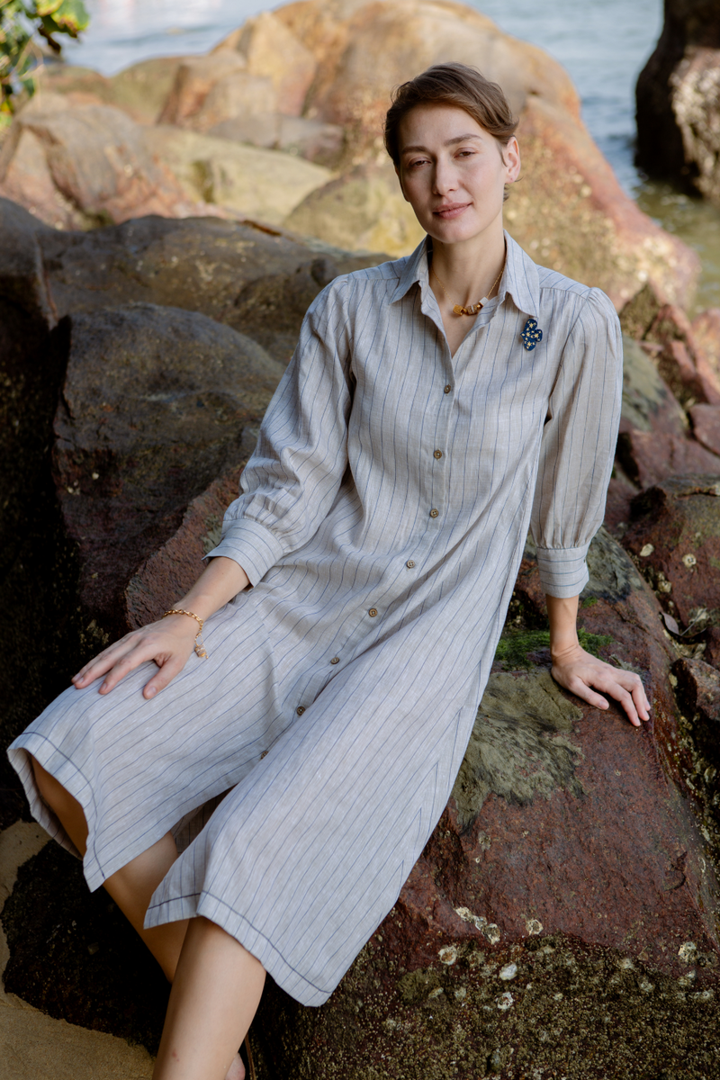 Soft Power Linen Shirt Dress all linen by Sui in beige color for women Worldwide