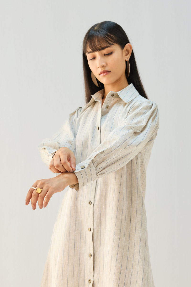 Soft Power Linen Shirt Dress all linen by Sui in beige color for women Worldwide