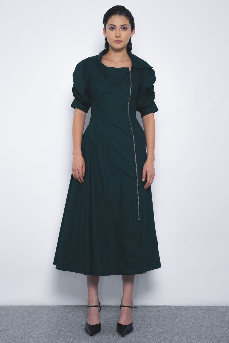 Soir Zipper Dress - Forest Green cotton by Leh Studios in green color for women Worldwide