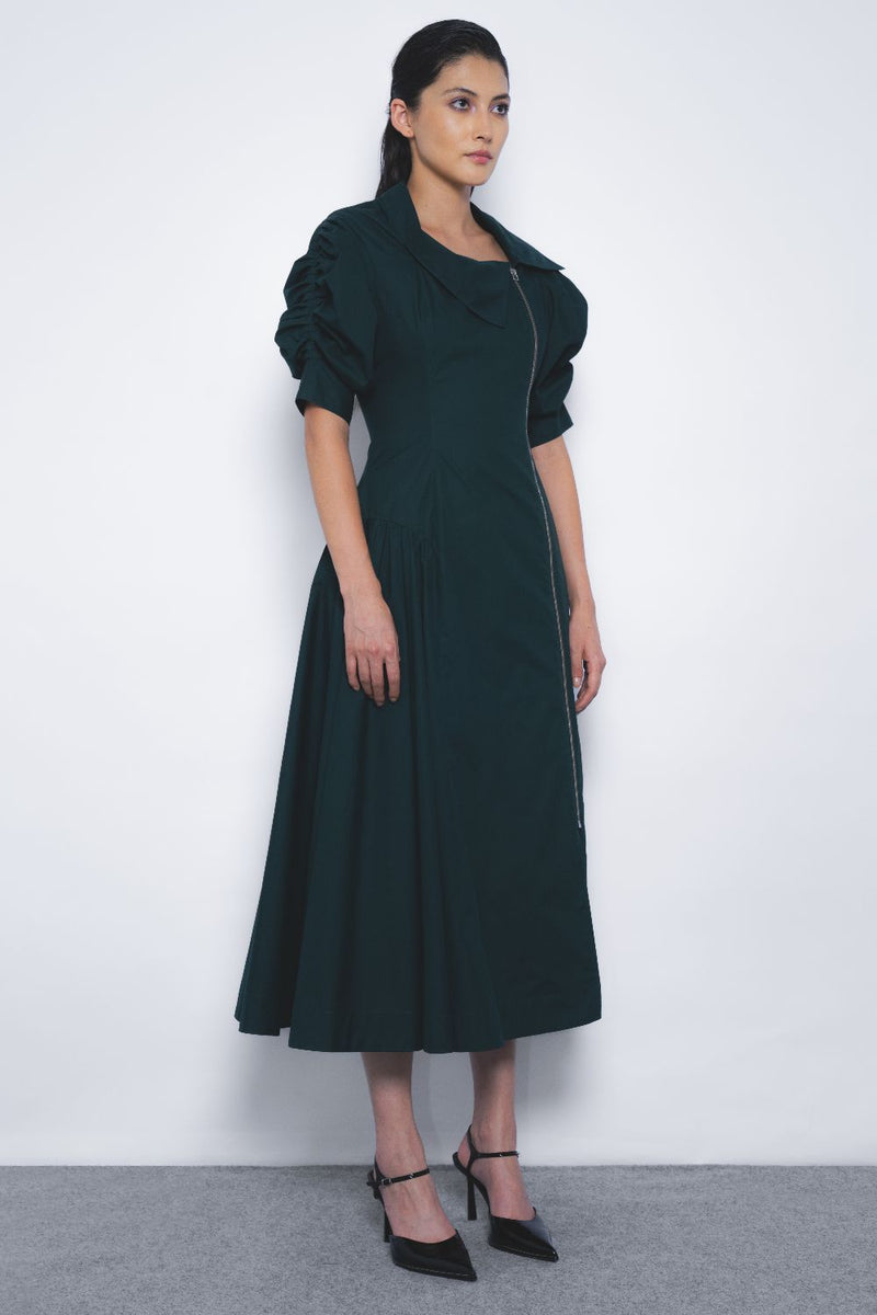 Soir Zipper Dress - Forest Green cotton by Leh Studios in green color for women Worldwide