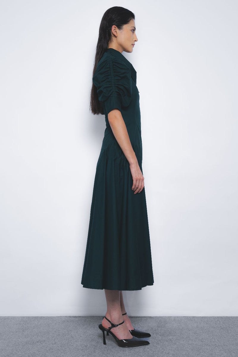 Soir Zipper Dress - Forest Green cotton by Leh Studios in green color for women Worldwide