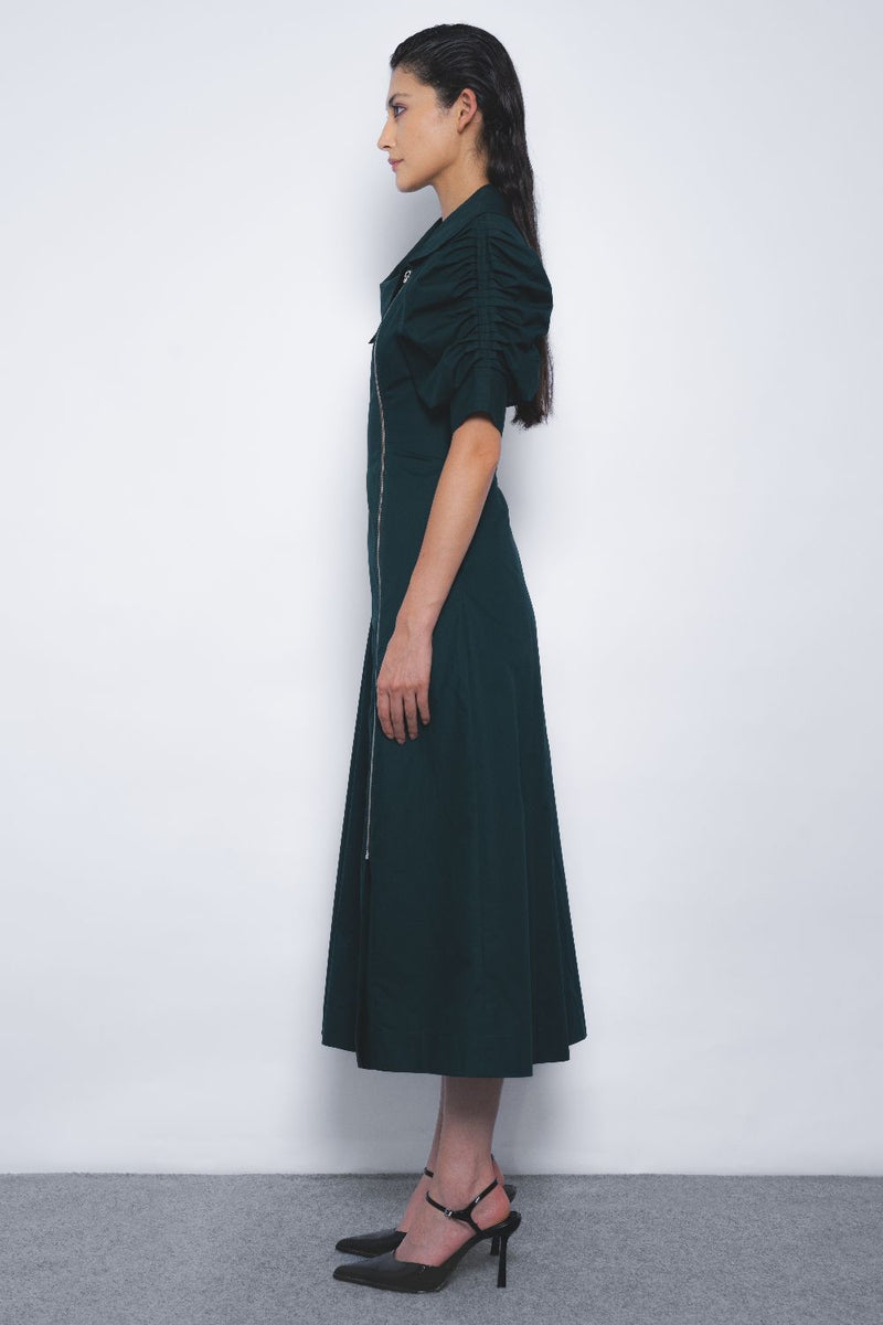 Soir Zipper Dress - Forest Green cotton by Leh Studios in green color for women Worldwide